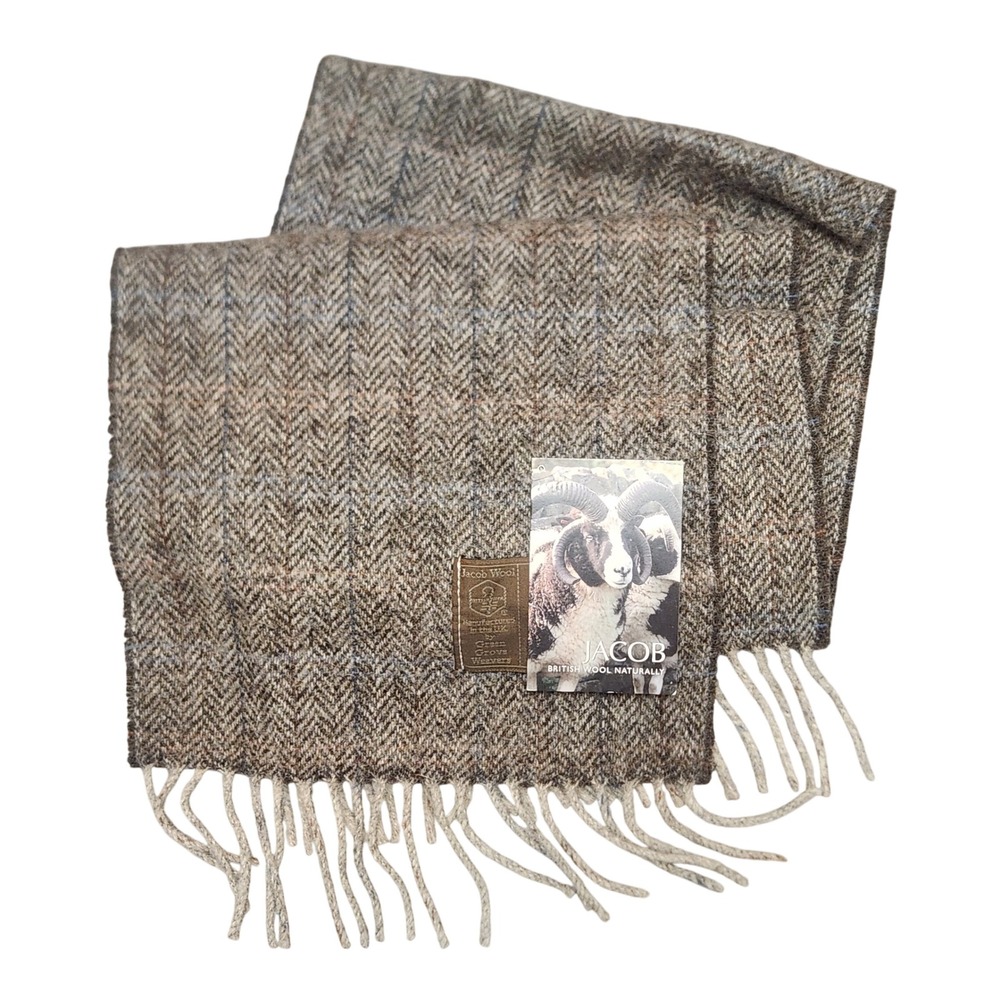 Jacob Wool Scarf Brown Herringbone Windowpane Made in UK NWT Green Grove Weavers